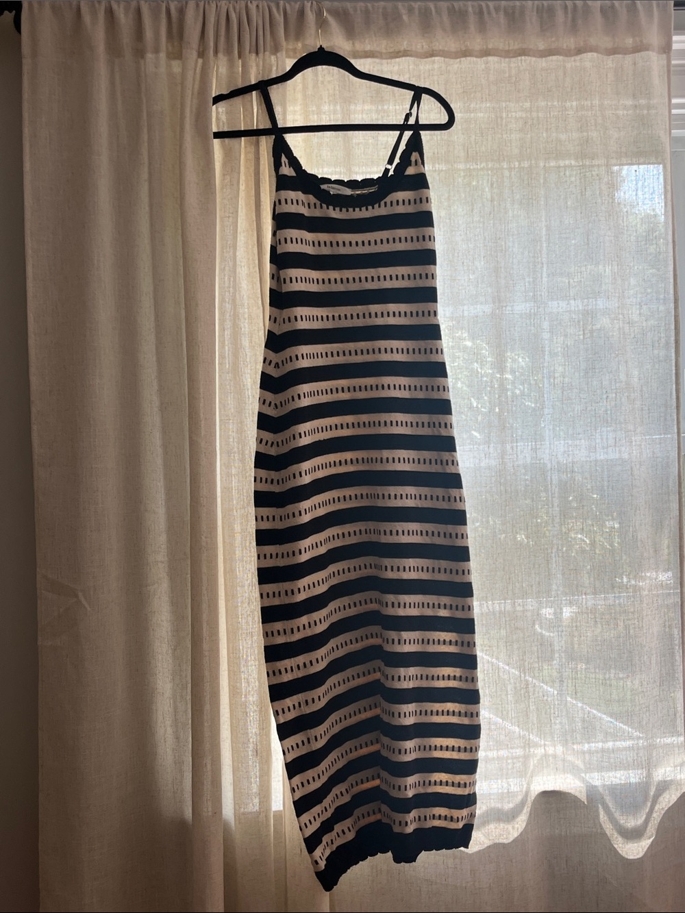 Striped Spaghetti‑Strap Maxi Dress in Black and Cream